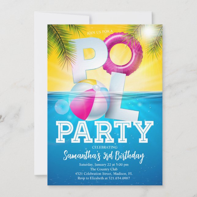 Invitation Aloha Pool Party Floral Anniversaire (Devant)