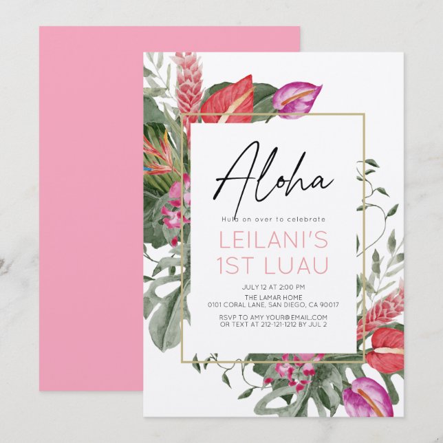 Invitation Aloha Rose et Rouge Fleur Tropicale Fille 1er Anni (Devant / Derrière)