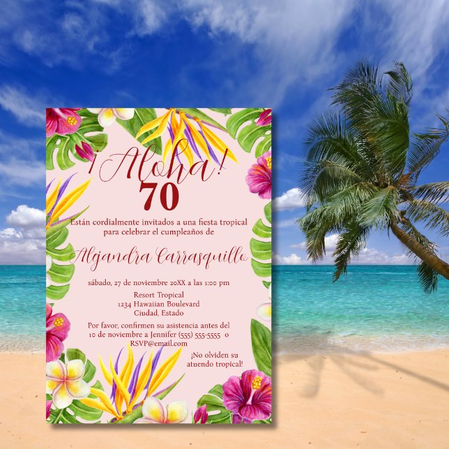 Invitation Aloha rose hawaïen espagnol 70e anniversaire color (Créateur téléchargé)