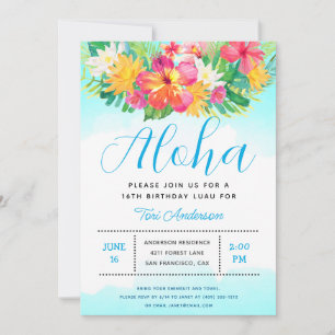 Invitation Aloha Script Tropical Birthday Luau Blue