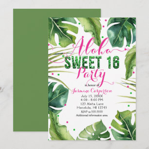 Invitation ALOHA SUCRÉ 16 Seize Feuilles Tropicales Rose Vert