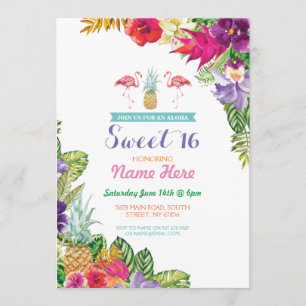 Invitation Aloha Sweet 16 Flamant rose de fête d'anniversaire