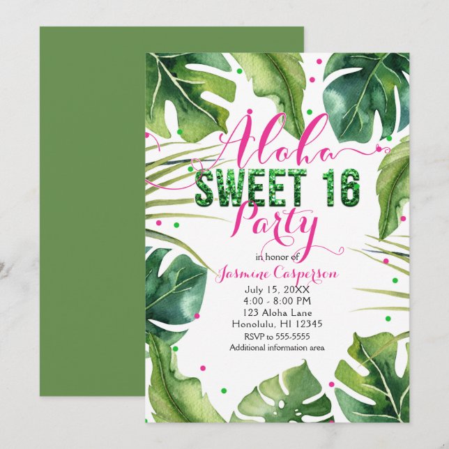 Invitation ALOHA SWEET 16 Seize Feuilles Tropicales Rose Vert (Devant / Derrière)