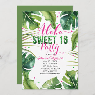 Invitation ALOHA SWEET 16 Seize Feuilles tropicaux vert rose