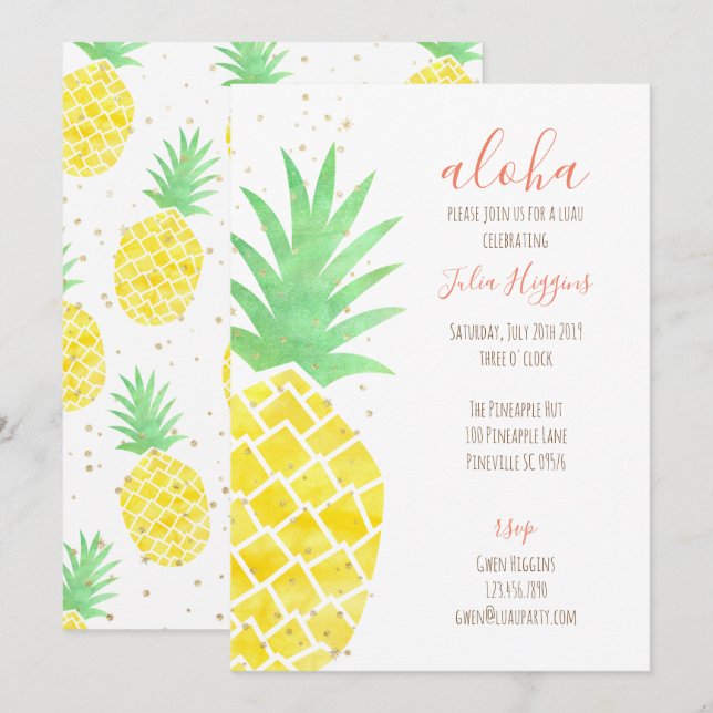 Invitation Aloha Tropical Aquarelle ananas avec or (Devant / Derrière)