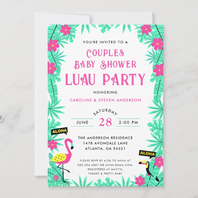 Invitation Aloha Tropical Flamant rose Couples Baby shower Lu (Devant)