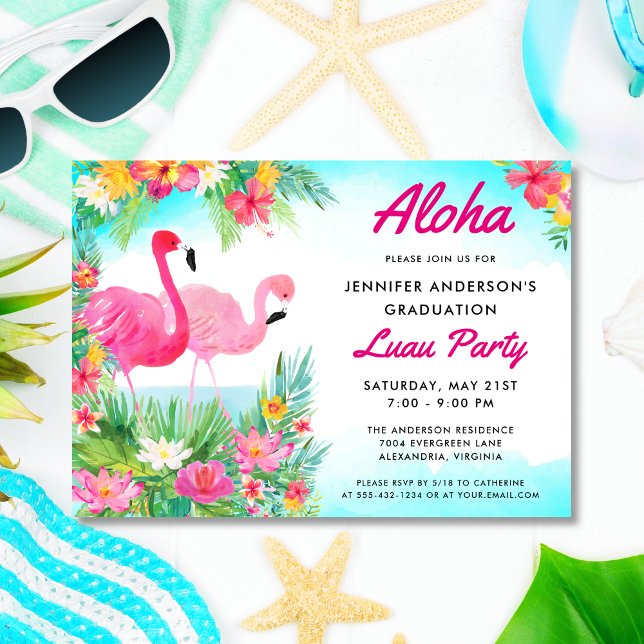 Invitation Aloha Tropical Flamant rose Graduation Luau Parti (Créateur téléchargé)