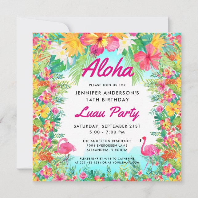 Invitation Aloha Tropical Flamant rose Luau Carré de la fête  (Devant)