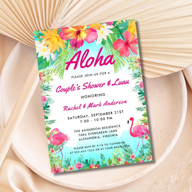 Invitation Aloha Tropical Flamant rose Luau Couple Douche (Créateur téléchargé)