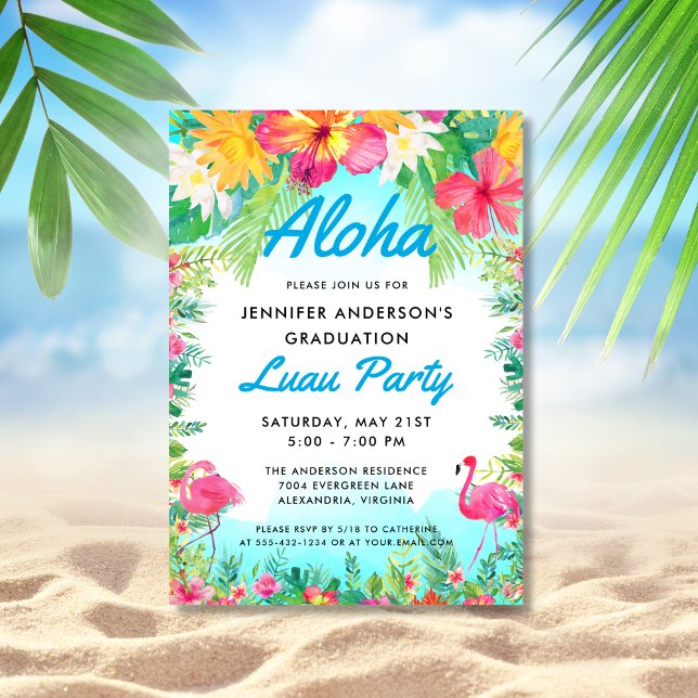 Invitation Aloha Tropical Flamant rose Luau Party Graduation  (Créateur téléchargé)