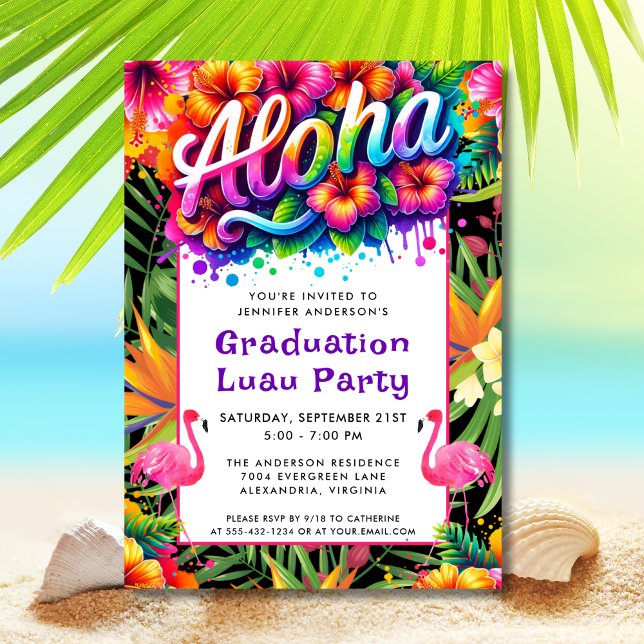 Invitation Aloha Tropical Flamingo Graduation Luau Party (Créateur téléchargé)