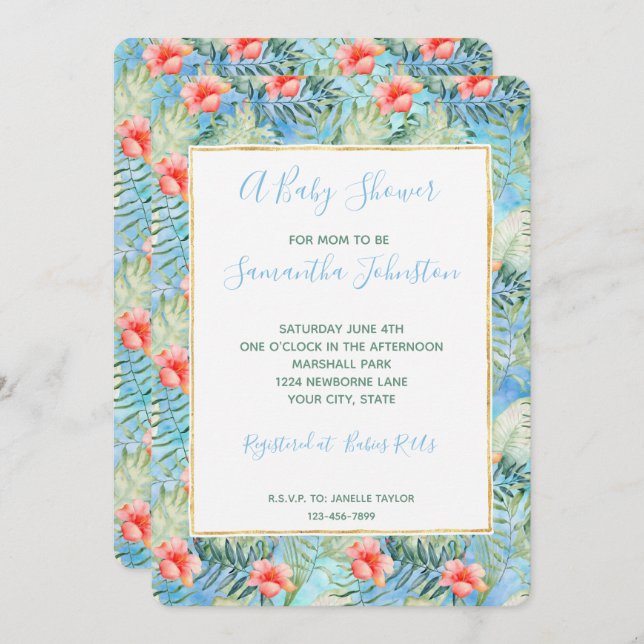 Invitation Aloha tropical Hibiscus Baby shower floral (Devant / Derrière)
