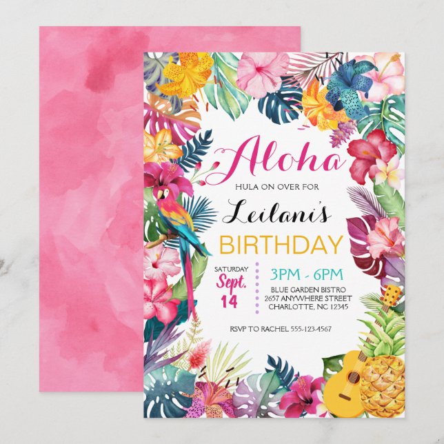 Invitation Aloha Tropical Luau Anniversaire (Devant / Derrière)