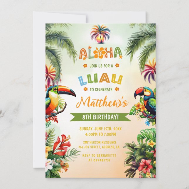 Invitation Aloha Tropical Luau Hawaiian Boy Birthday Party (Devant)