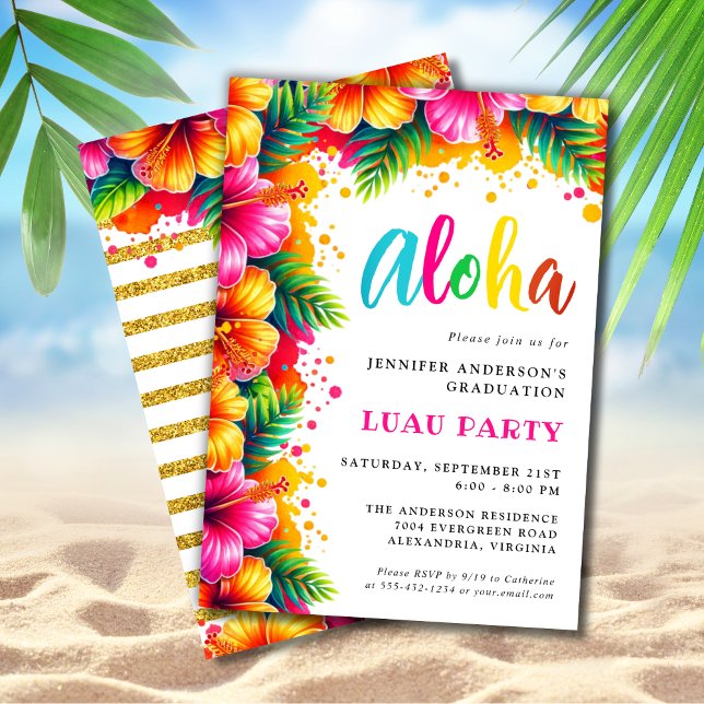 Invitation Aloha Tropical Luau Parties scintillant Graduation (Créateur téléchargé)