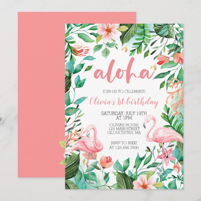 Invitation Aloha Tropical premier anniversaire flamant rose l (Devant / Derrière)