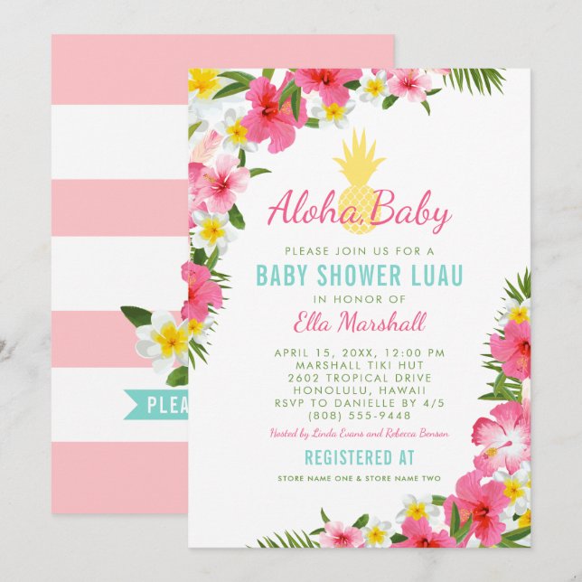 Invitation Aloha Tropical Rose Floral Baby shower d'ananas (Devant / Derrière)