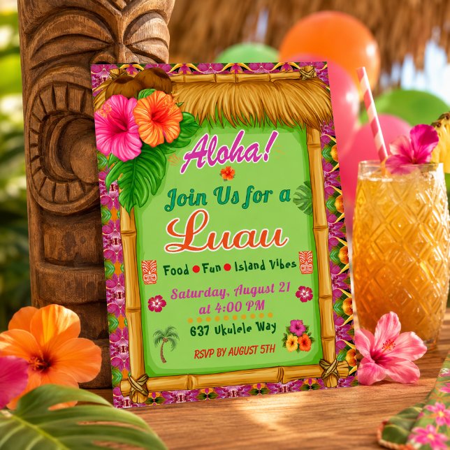Invitation Aloha Tropical Rose Verte Luau (Festive Tropical Luau Celebration Invitation )