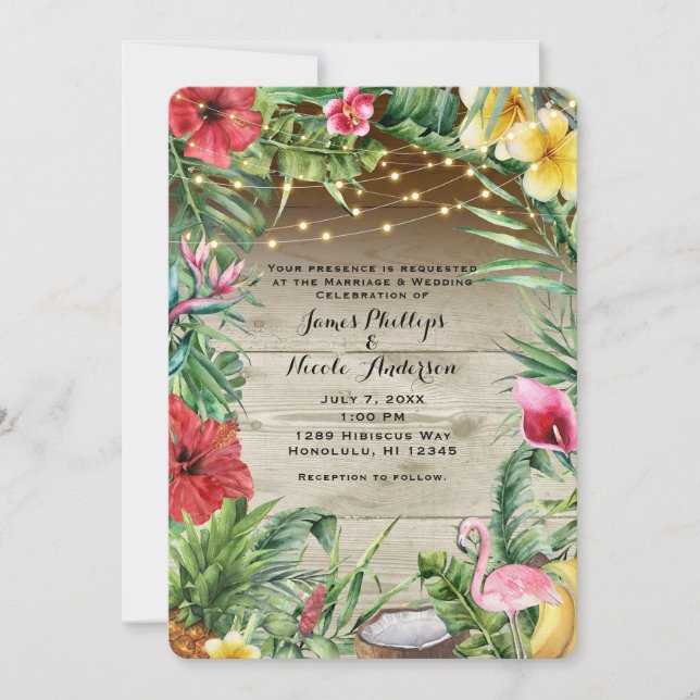 Invitation Aloha Tropical Wood Floral Feuilles et Mariage de  (Devant)