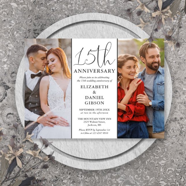 Invitation Alors et Maintenant 2 Photo 15e anniversaire de ma (Then And Now 2 Photo 15th Wedding Anniversary Invitation)