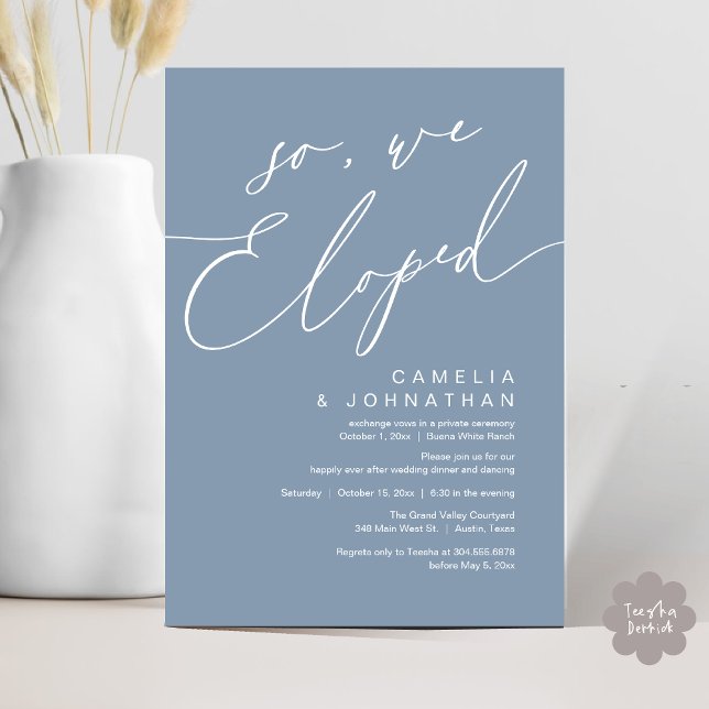 Invitation Alors, Nous Avons Été Moderne Romantique Dîner Mar (So, We Eloped, Modern Romantic Wedding Dinner Brunch Lunch Party Invitation Card PDF Dusty Blue)