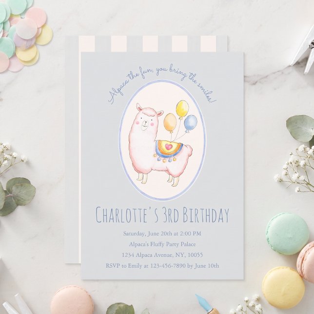 Invitation Alpaca à l'aquarelle avec ballon bleu clair Annive (Créateur téléchargé)