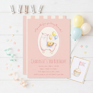 Invitation Alpaca à l'aquarelle avec ballon rose tendre pour