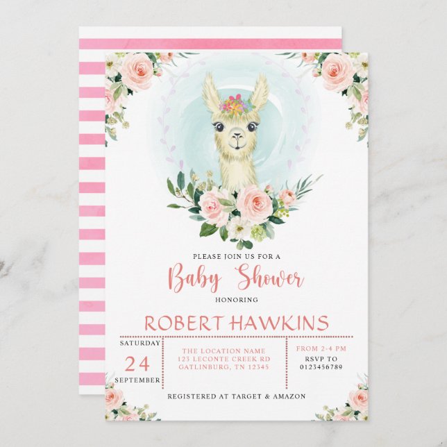 Invitation Alpaca Llama rose Floral Baby shower fille (Devant / Derrière)