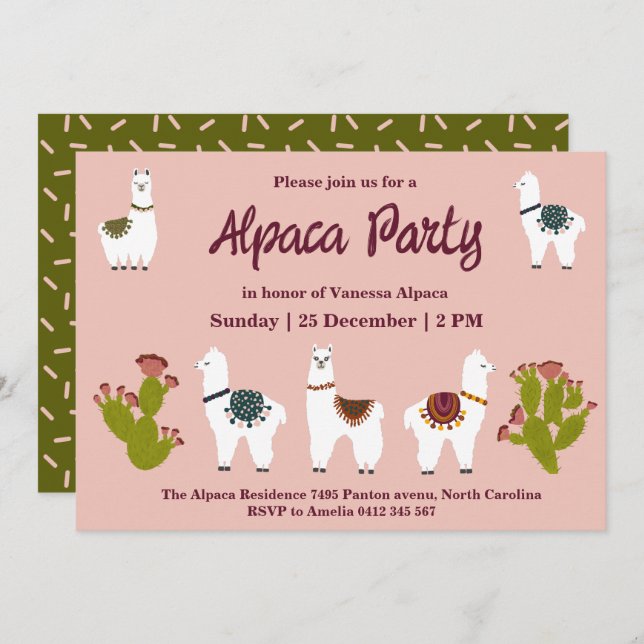 Invitation Alpaca Party Cactus rose Anniversaire (Devant / Derrière)