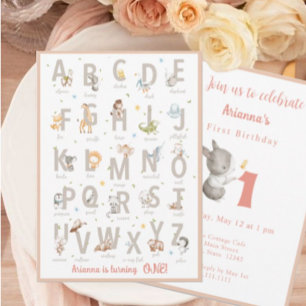 Invitation Alphabet animal moderne Blush ABC premier annivers