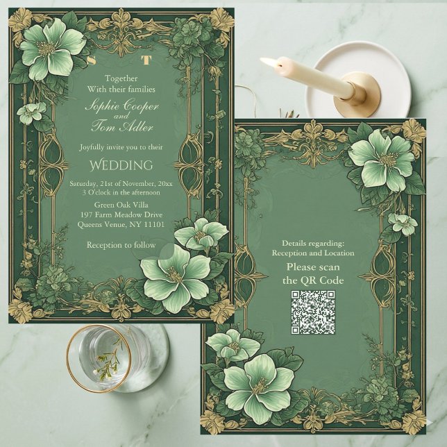 Invitation Alphonse Mucha Fleurs Opulence Vert Sauge Mariage (Alphonse Mucha Florals Opulence Sage Green Wedding Invitation)