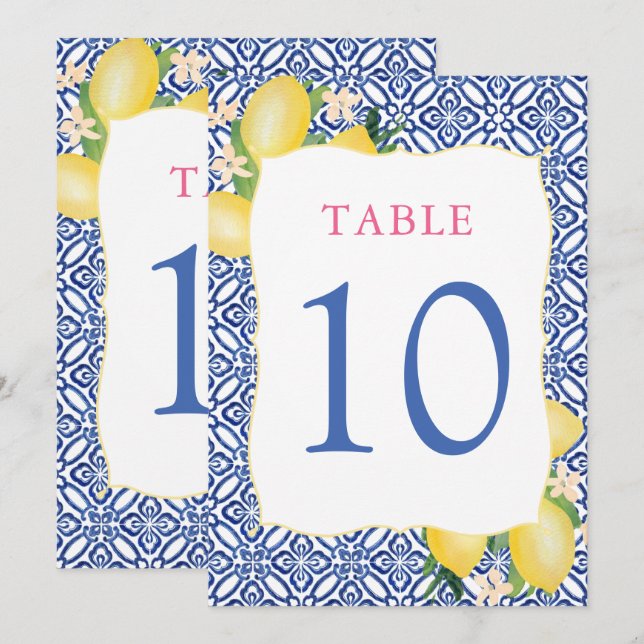 Invitation Amalfi Aquarelle Citron Bleu Carreau 5x7 Numéro de (Devant / Derrière)