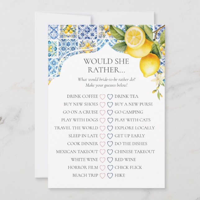 Invitation Amalfi Coast Bridal Shower Would She Rather Game (Devant)