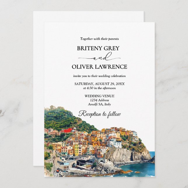 Invitation Amalfi Coast Italie Aquarelle Skyline Mariage (Devant / Derrière)