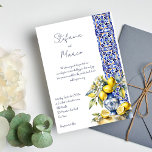 Invitation Amalfi italien tuiles bleu citrons mariage<br><div class="desc">Amalfi Positano Vietri bleu Majolica tuiles citrons mariage modifiable modèle invitation instantanée téléchargement numérique,  Méditerranée thème bleu blanc et jaune carreaux avec un tas d'agrumes avec citrons et fleurs en céramique bleue cartes de vase</div>