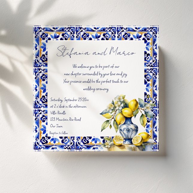 Invitation Amalfi italien tuiles bleu citrons mariage (Amalfi Italian blue tiles lemons wedding Invitation template instant download blue ceramic vase)