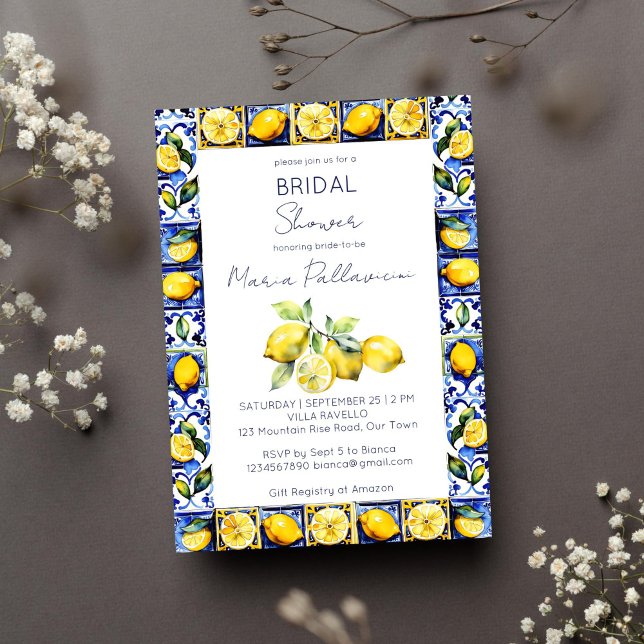 Invitation Amalfi Positano tuiles bleues citrons douche nupti (Amalfi Positano blue tiles lemons Mediterranean bridal shower template invitation digital download)