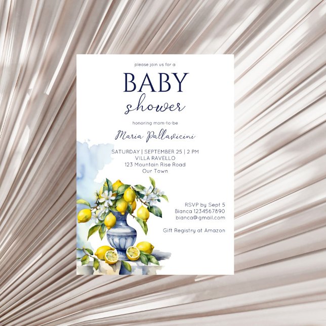 Invitation Amalfi Vase bleu citrons baby shower (Amalfi Italian blue vase lemons summer baby shower Invitation editable template instant download )