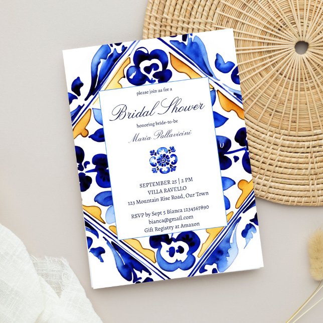 Invitation Amalfi Vietri Italien carrelage bleu douche nuptia (Amalfi Vietri Italian Mediterranean blue tiles bridal shower template Invitation digital download)