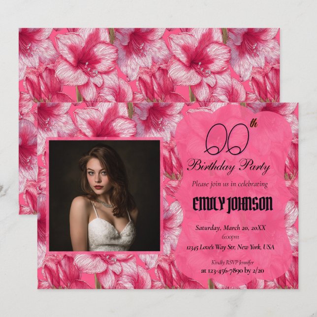 Invitation Amaryllis Fille Anniversaire Fleur Rose Tendance (Devant / Derrière)