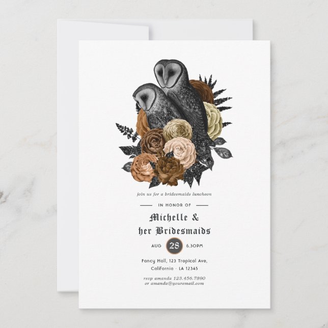 Invitation Amber Floral Owls Gothic Bridesmaids Déjeuner (Devant)