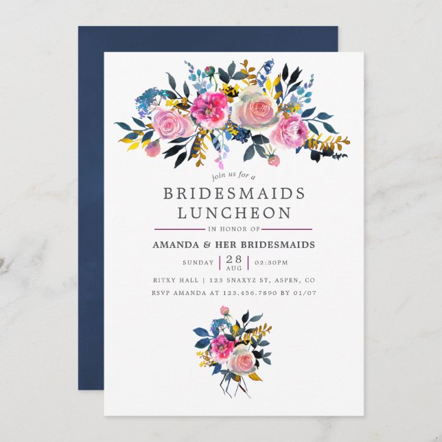 Invitation Ambiance Aquarelle tendance Floral Bridesmaids Déj (Devant / Derrière)