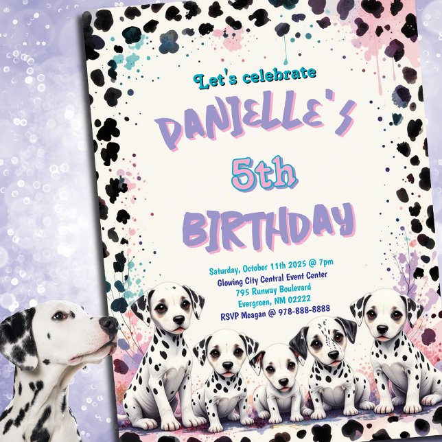 Invitation Ambiance pastel Dalmatienne ponctuée Fête d'annive (Créateur téléchargé)