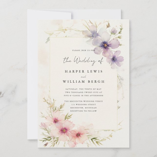 Invitation Ambiance romantique cosmos fleurs qr code mariage (Devant)