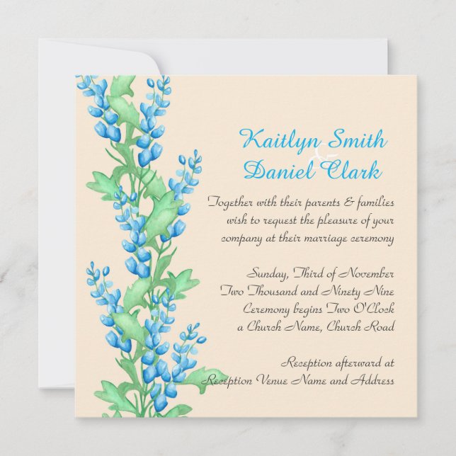 Invitation Ambiance romantique Couleur Bleue Fleurs Mariage I (Devant)