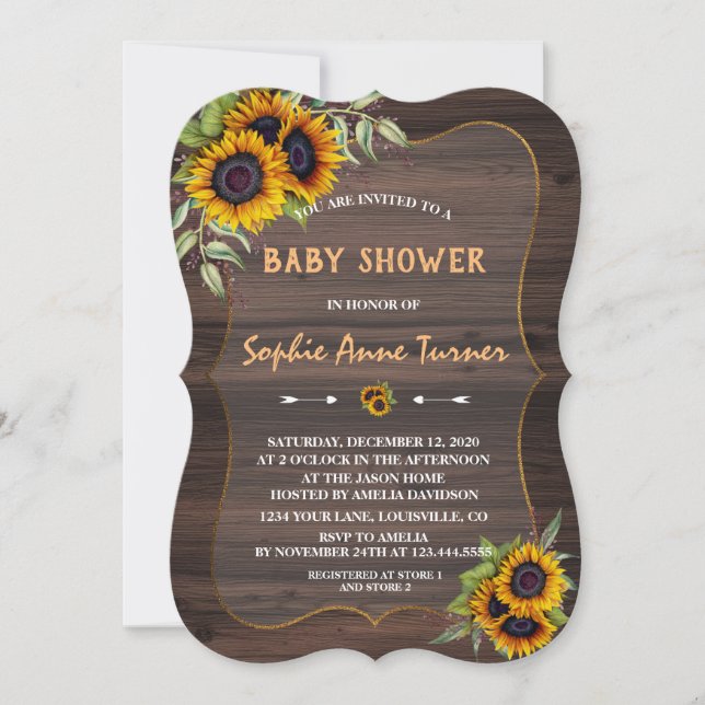 Invitation Ambiance romantique Sunflower Baby shower en bois (Devant)