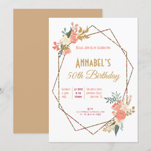 Invitation Ambrose Coral Floral Cadre géométrique 50e anniver