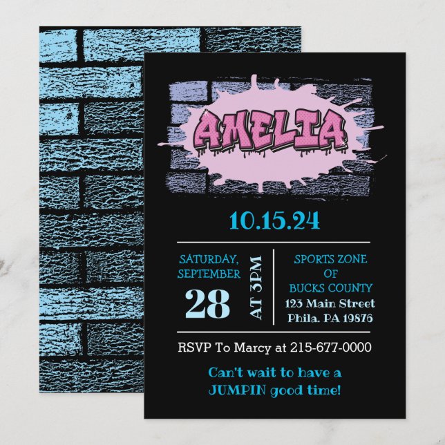 Invitation AMELIA Votre Nom Filles Rose Graffiti Hip Hop (Devant / Derrière)
