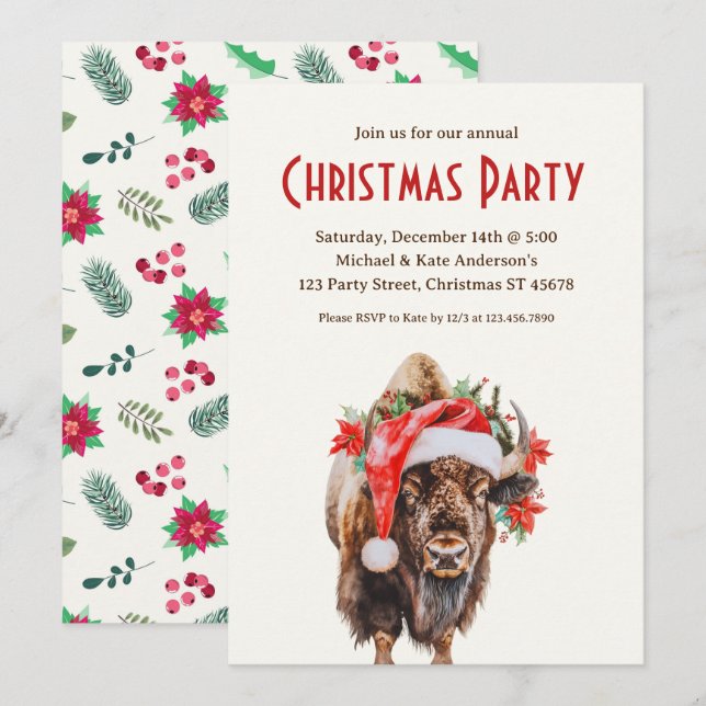 Invitation American Bison Buffalo Santa Hat Christmas Party (Devant / Derrière)