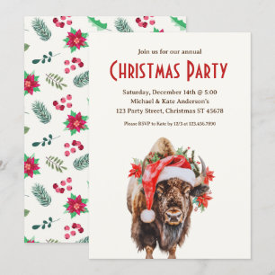 Invitation American Bison Buffalo Santa Hat Christmas Party